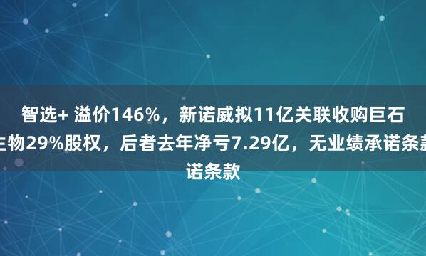 智选+ 溢价146%，新诺威拟11亿关联收购巨石生物29%股权，后者去年净亏7.29亿，无业绩承诺条款